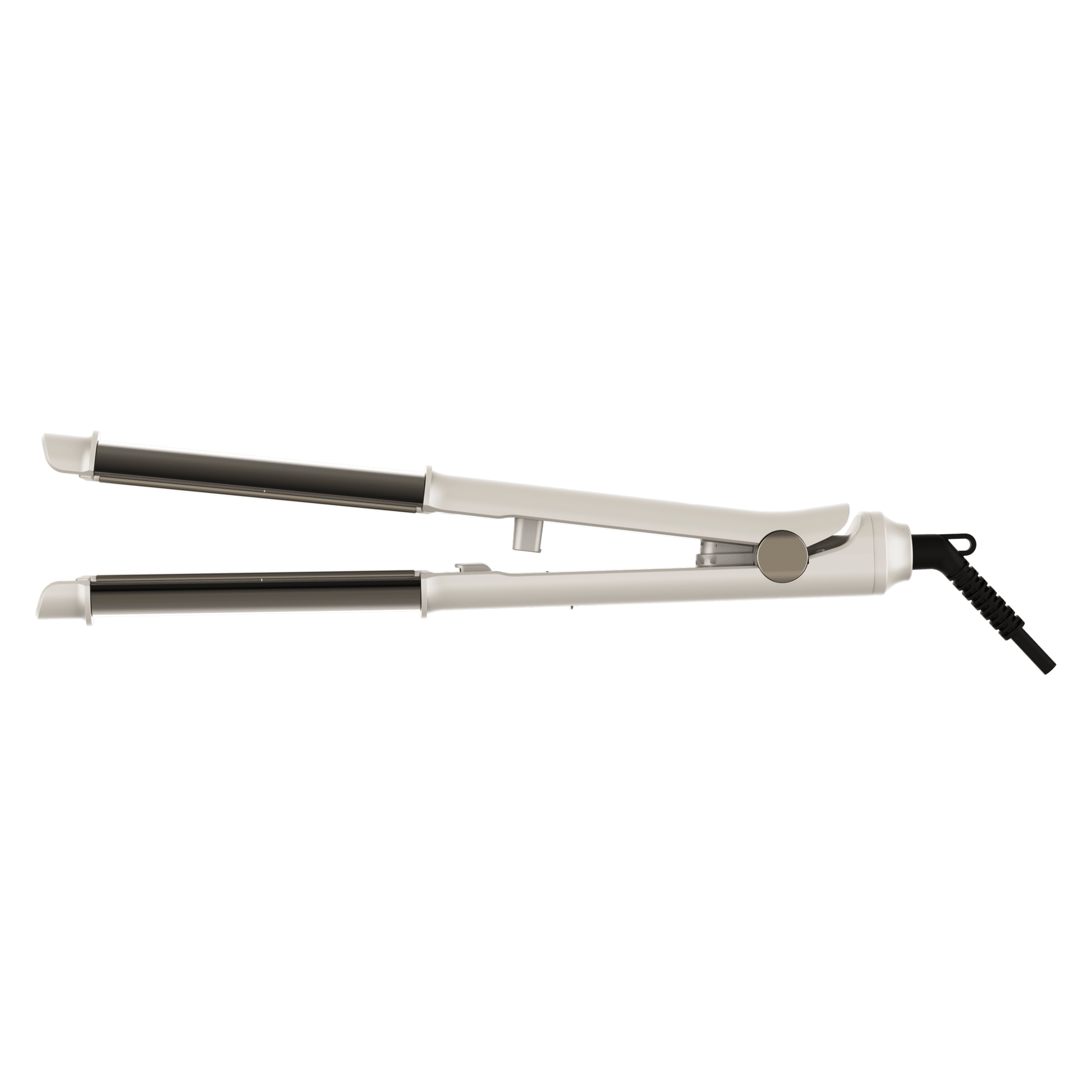 Una plancha de pelo blanca con placas calefactoras negras y un botón plateado.