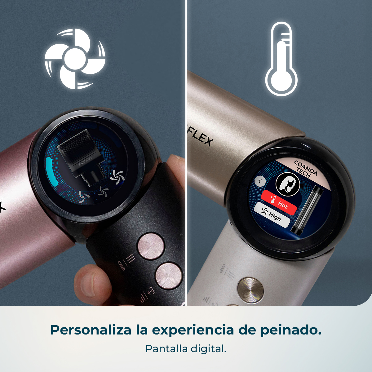Dos secadores de pelo con pantallas digitales que muestran ajustes de velocidad y temperatura.