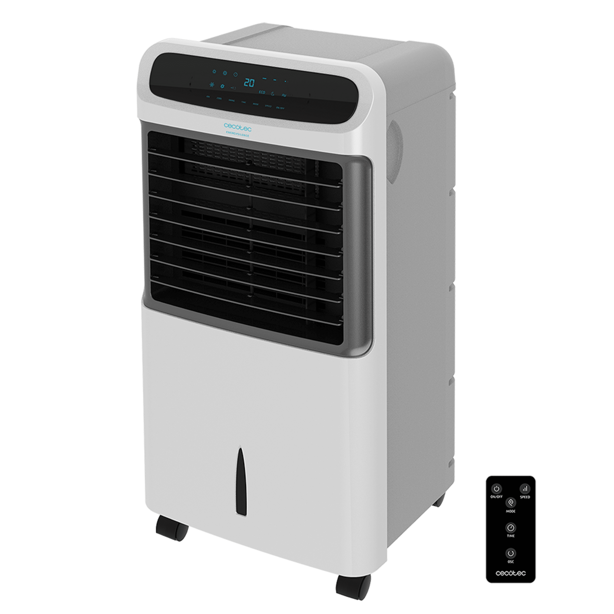 Un enfriador de aire blanco con frente de ventilador negro y mando a distancia al lado.