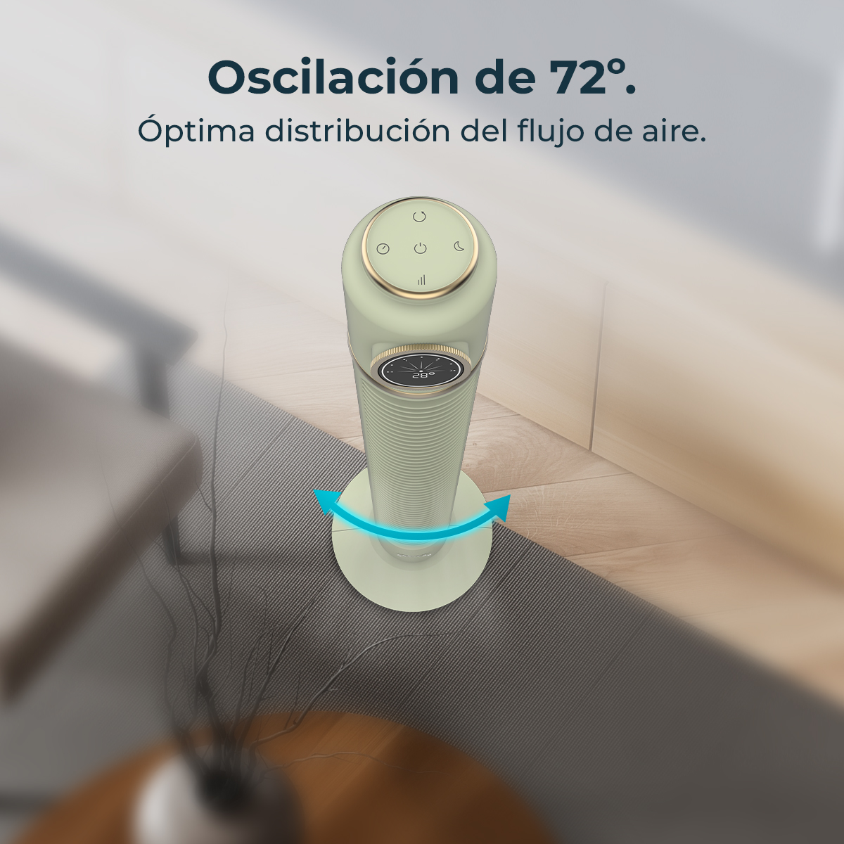 Un ventilador de torre delgado, verde claro, con flechas azules que indican oscilación de 72°.