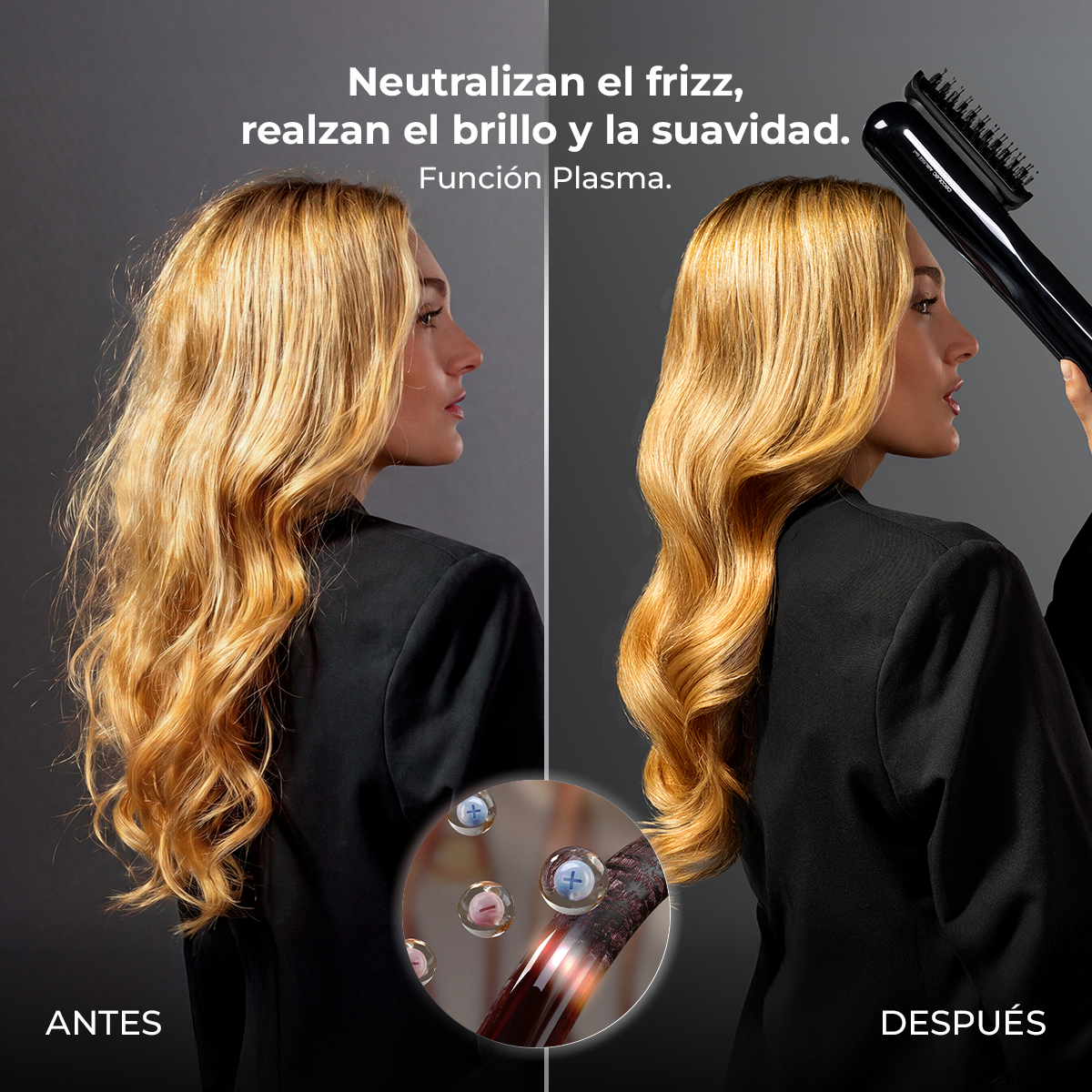 Comparación de cabello antes/después: encrespado vs. liso, con función plasma.