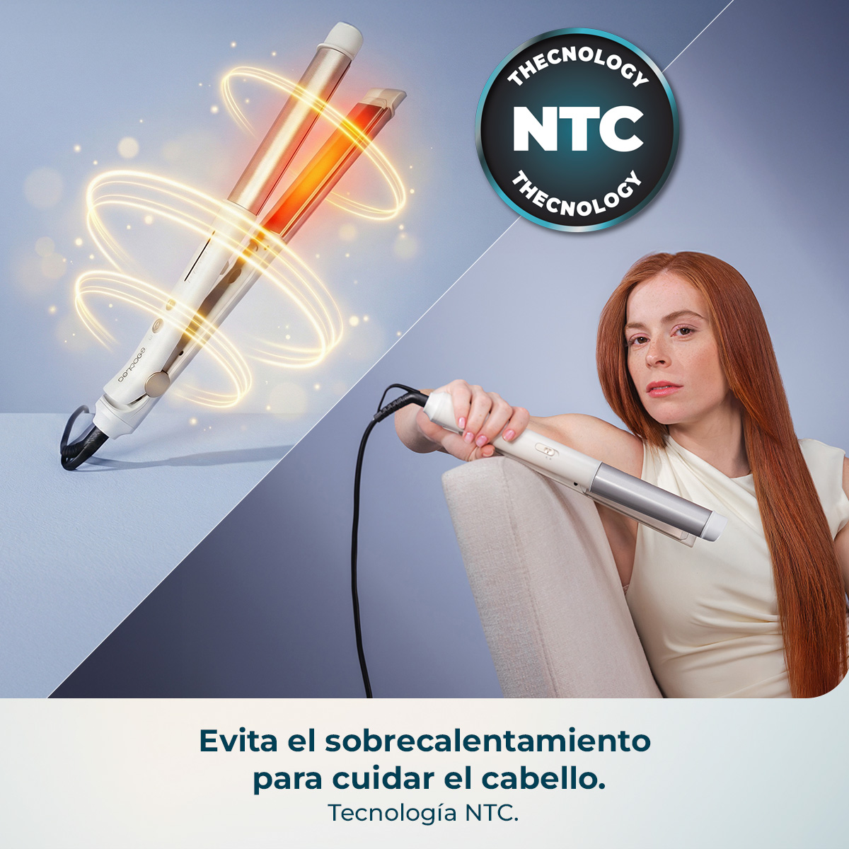 Plancha de pelo blanca con placas doradas, logo tecnología NTC.