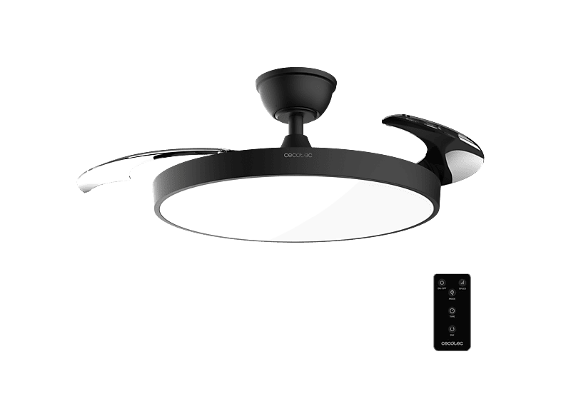 Ventilador de techo - Cecotec EnergySilence Aero 300 Air Invisible Silver, 3 aspas retráctiles, Motor DC 30 W, Luz LED, 6 velocidades, Negro