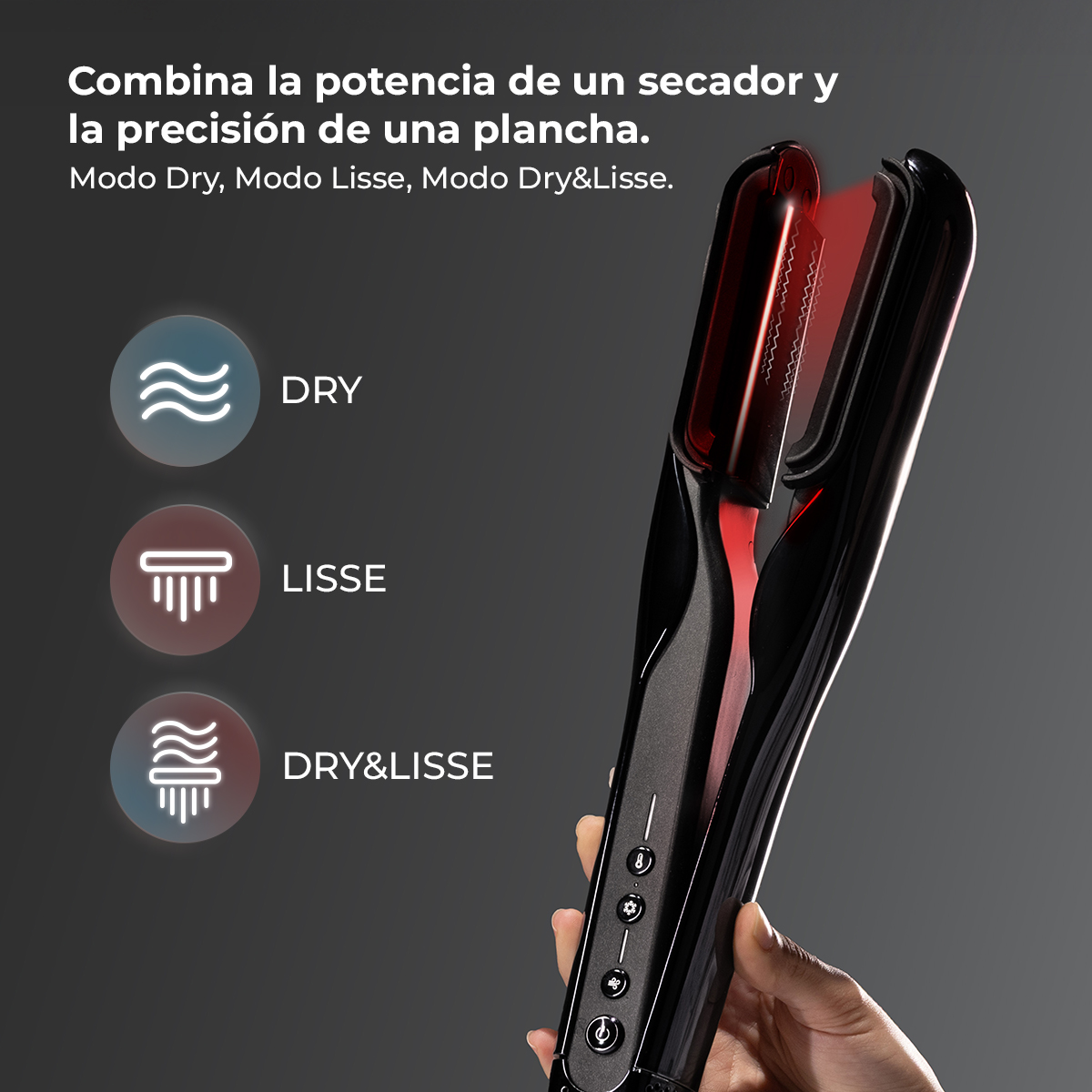 Una plancha negra con elementos calefactores rojos, sostenida por una mano.