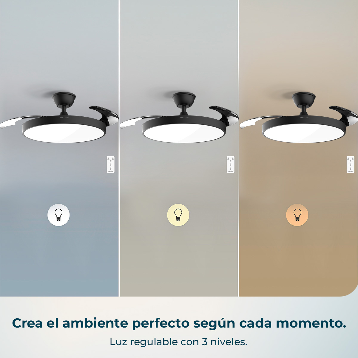 Un ventilador de techo moderno con luz, mostrado en tres temperaturas de color.