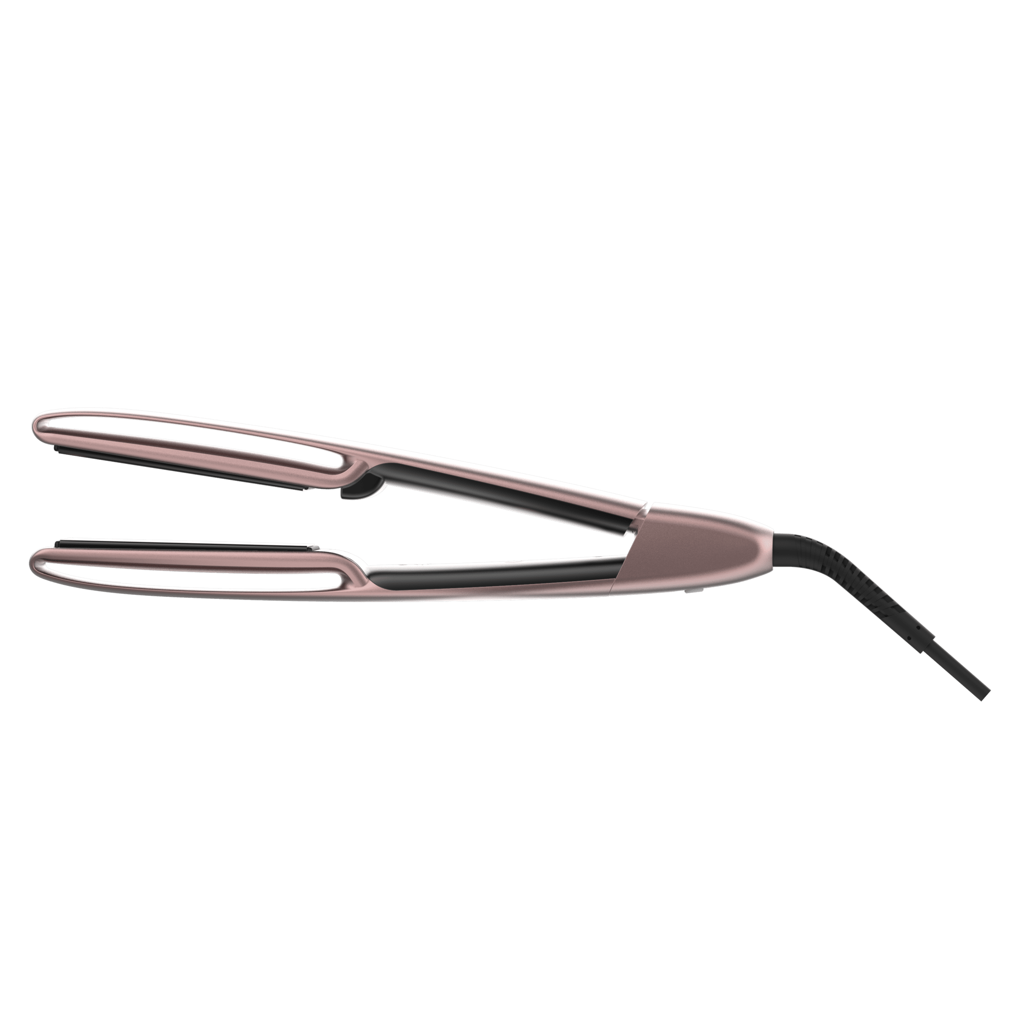 Una plancha de pelo oro rosa con placas calefactoras negras sobre fondo verde.