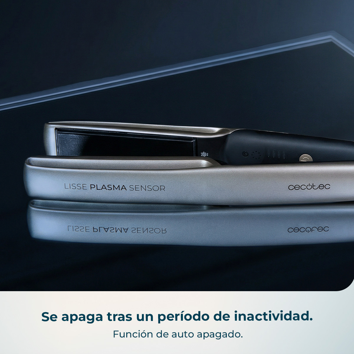 Una plancha de pelo plateada con texto 'LISSE PLASMA SENSOR' y 'cecotec'.