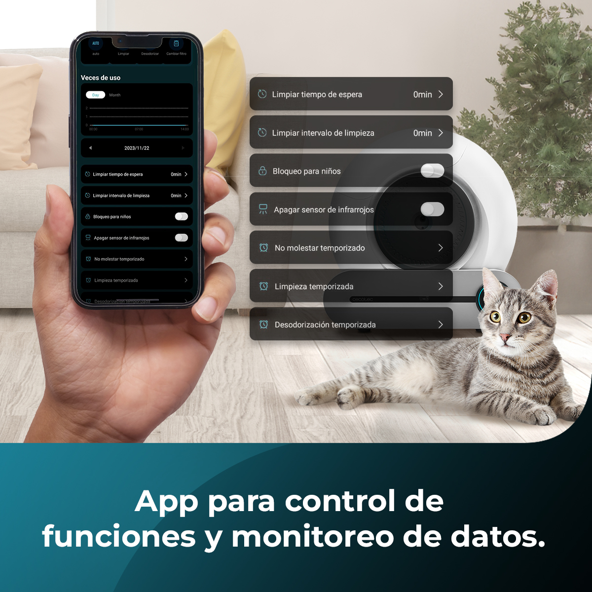 Un móvil muestra una app con opciones de limpieza, junto a un dispositivo y un gato.