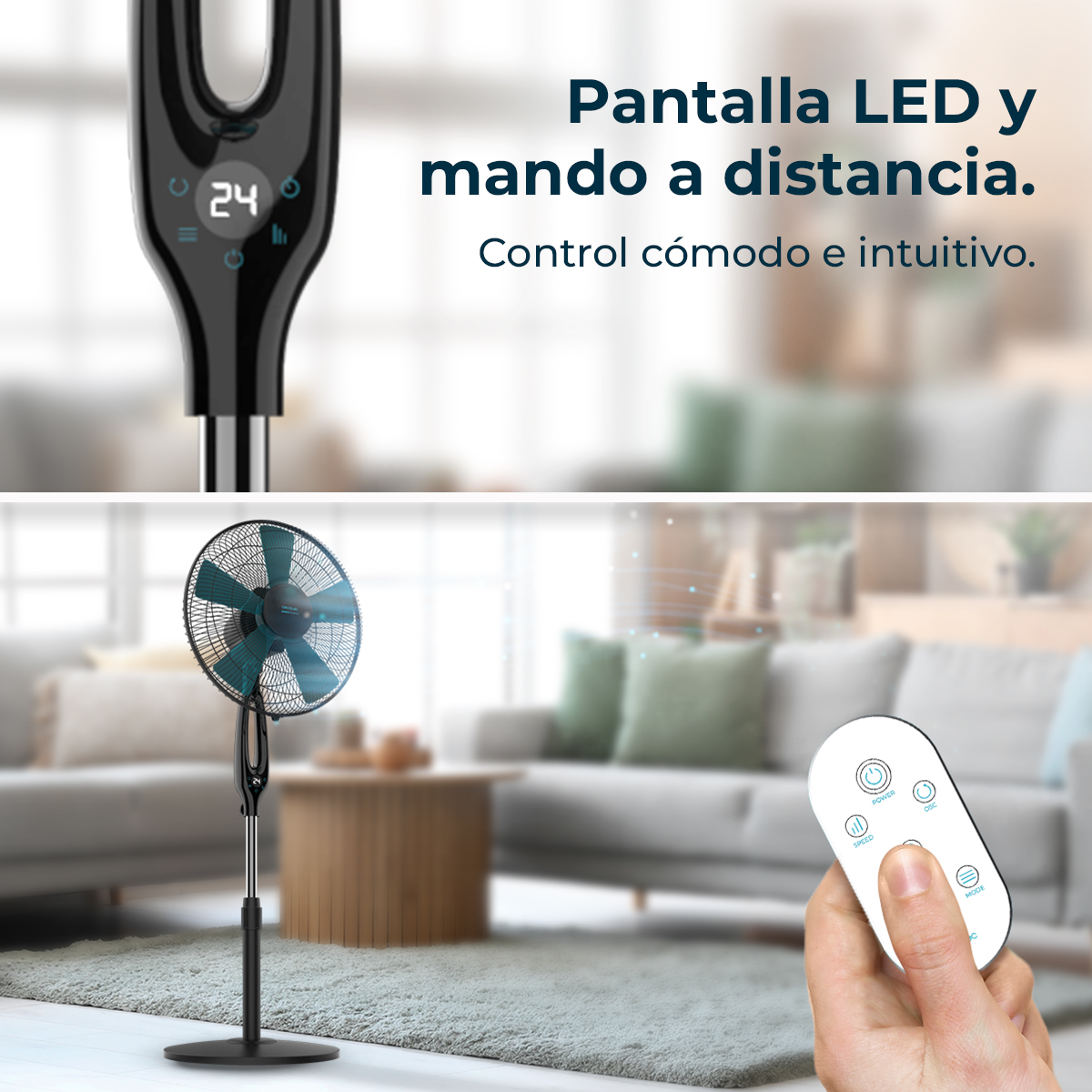 Un ventilador de pie con mando a distancia y pantalla LED en un salón.