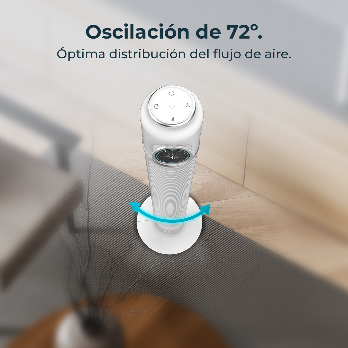 Un ventilador de torre blanco sobre alfombra, oscilando 72 grados.
