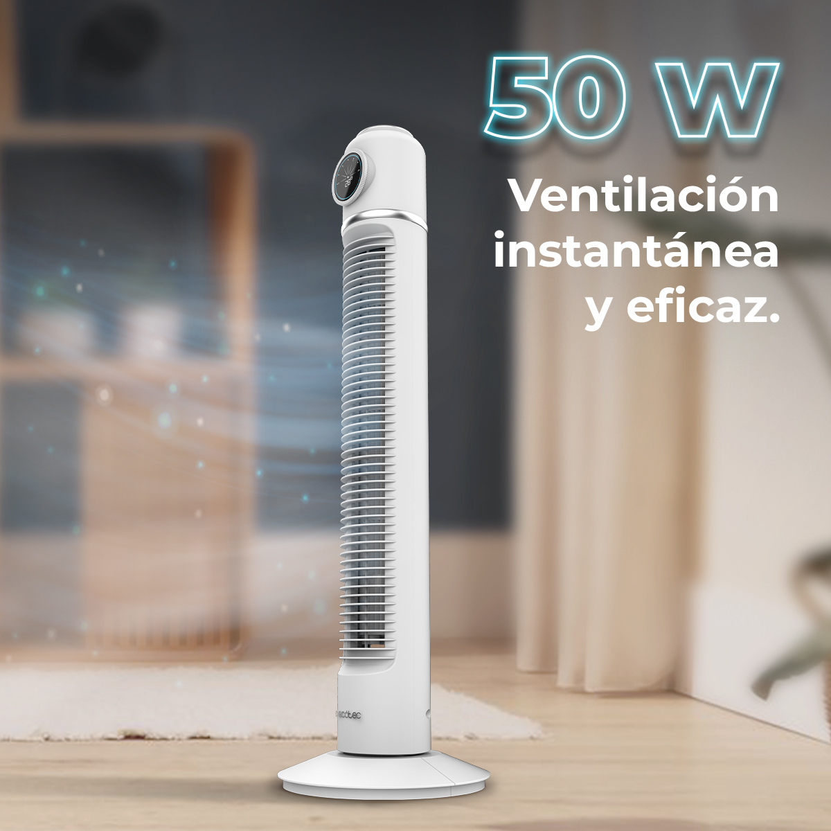 Un ventilador de torre blanco sobre suelo de madera, con efectos de flujo de aire.