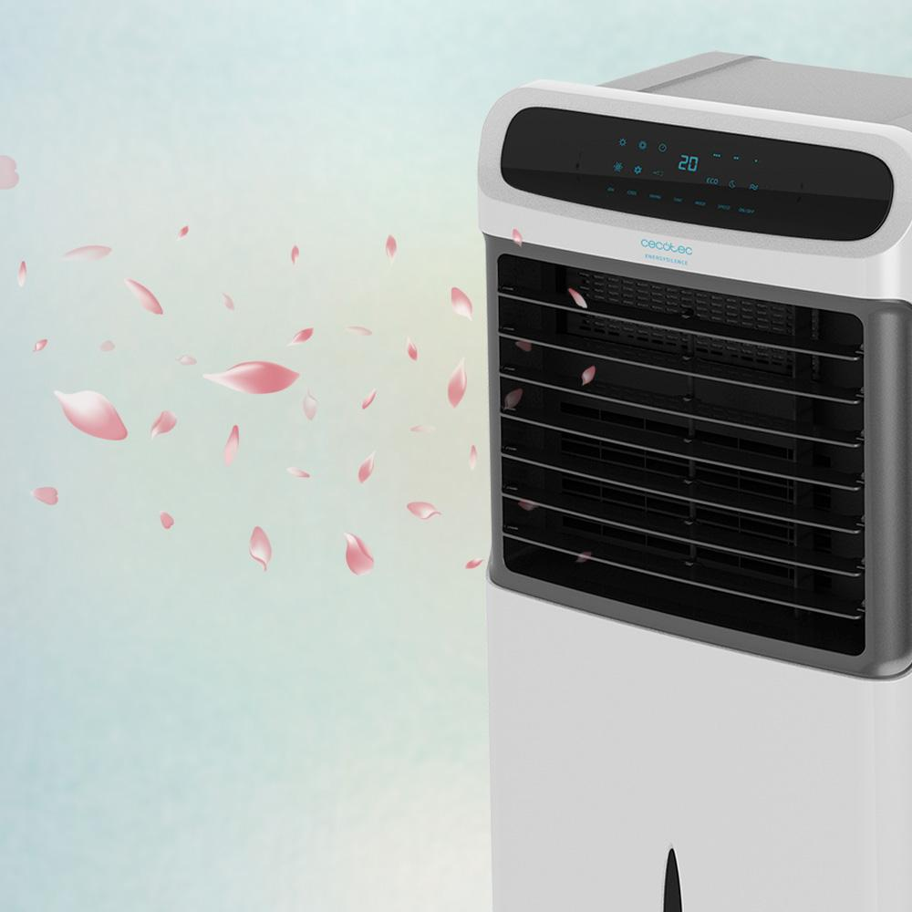 Un enfriador de aire blanco con rejilla negra y pantalla digital, rodeado de pétalos rosas.