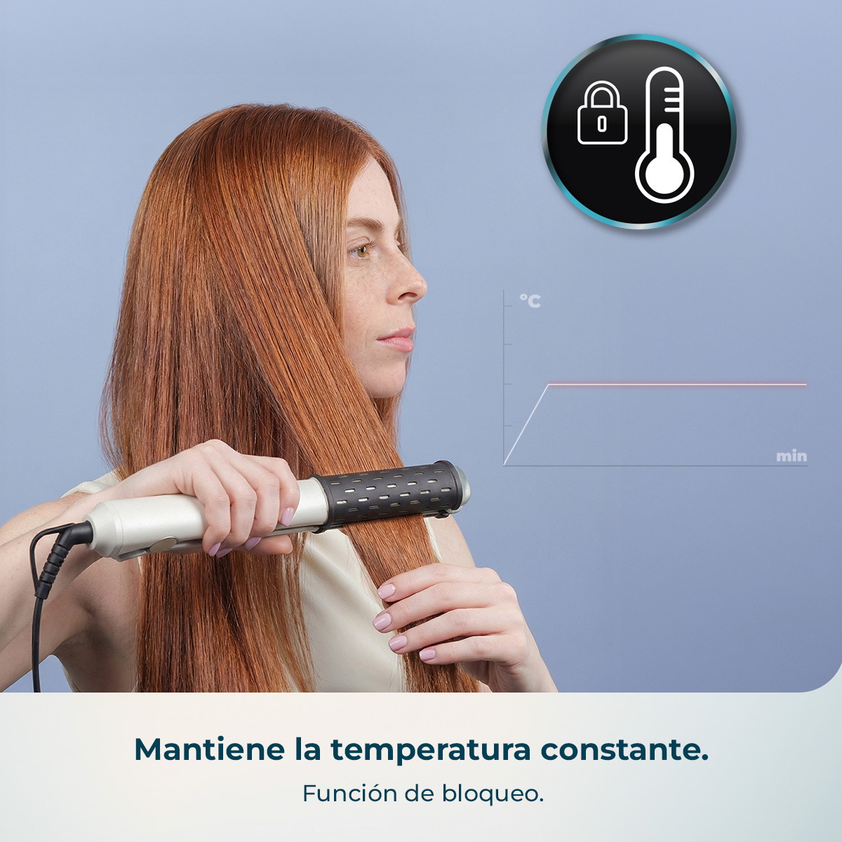 Mujer pelirroja usa plancha. Gráfico de temperatura con icono de candado.