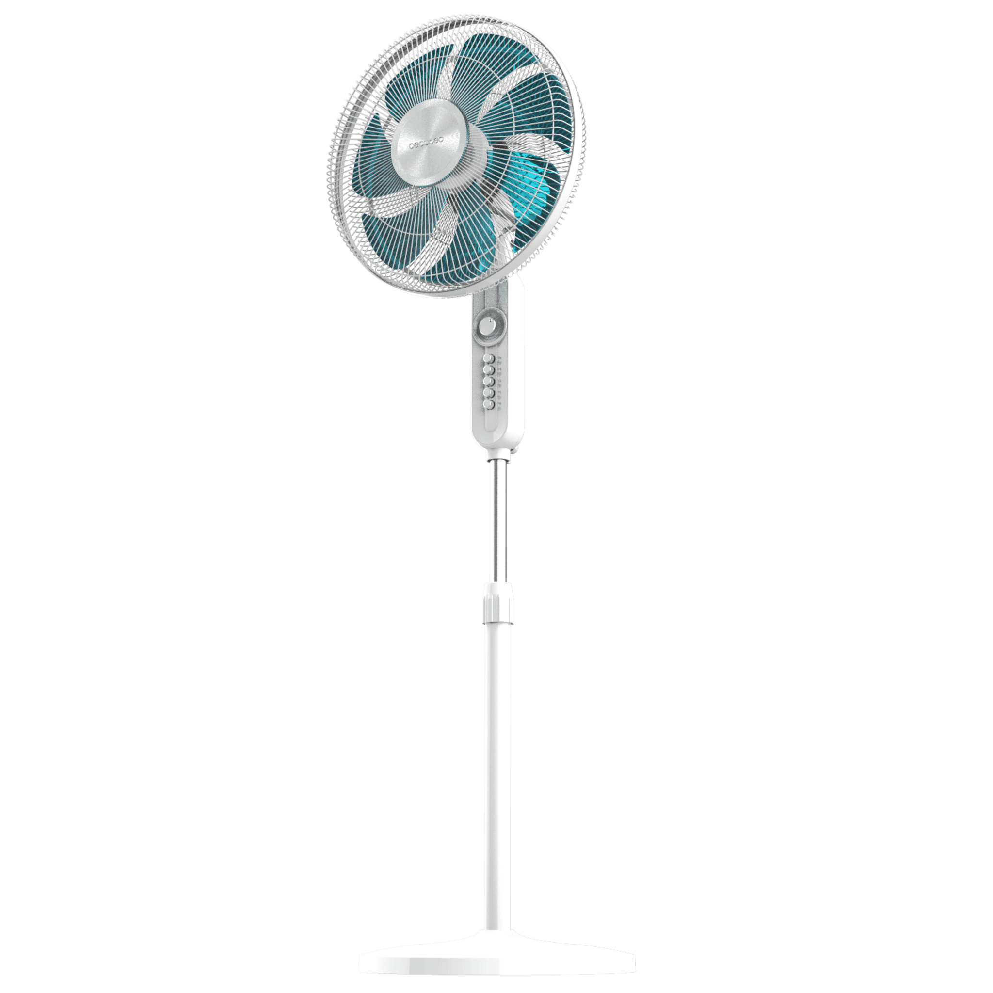 Un ventilador de pie blanco con rotor azul sobre fondo verde.