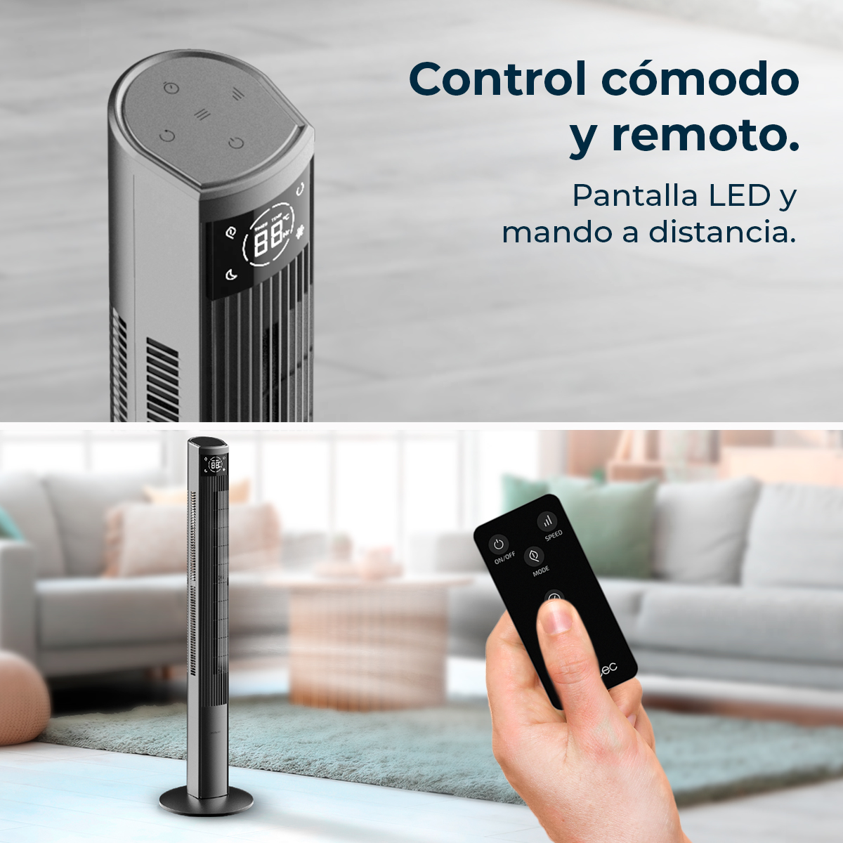 Un elegante ventilador de torre con pantalla LED y mando a distancia en una sala.