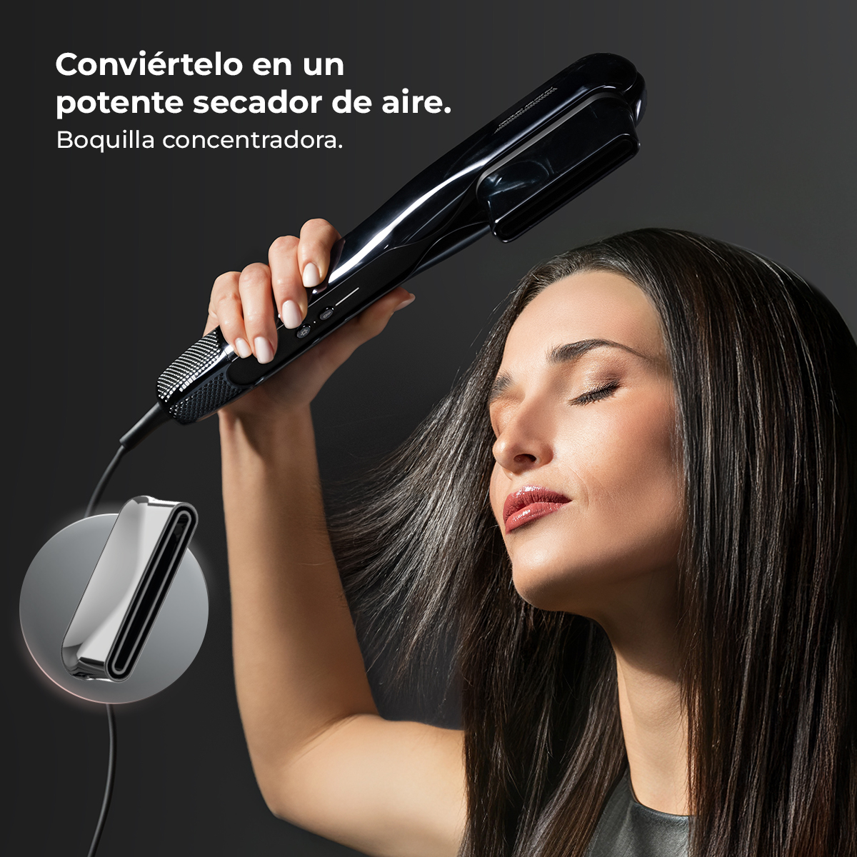 Una mujer se seca el pelo oscuro con un secador negro.