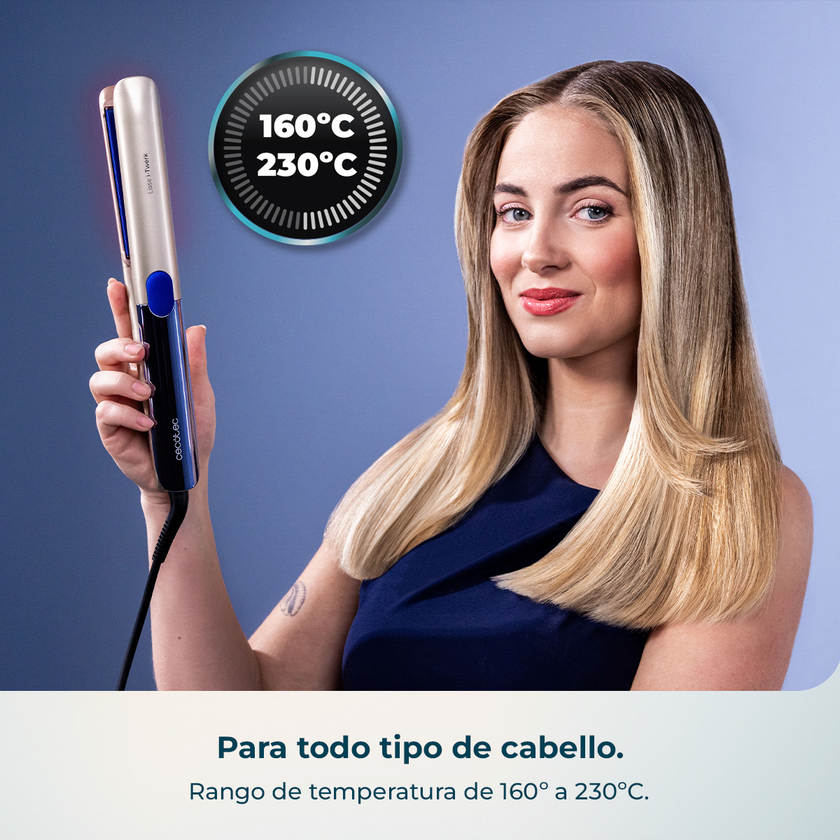 Mujer con pelo liso sostiene plancha, temperatura 160°C-230°C.