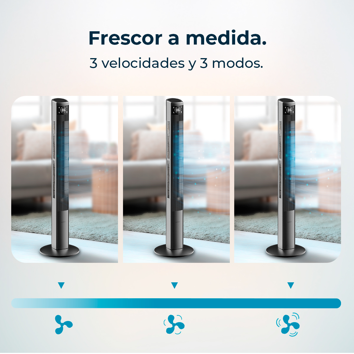 Tres ventiladores de torre oscuros y elegantes con flujo de aire azul en salón.