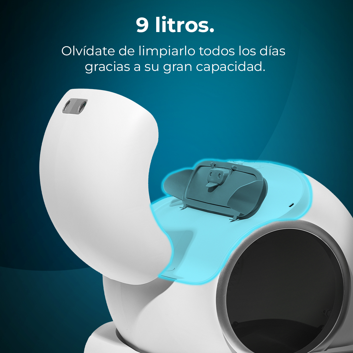 Una caja de arena automática blanca con iluminación turquesa.