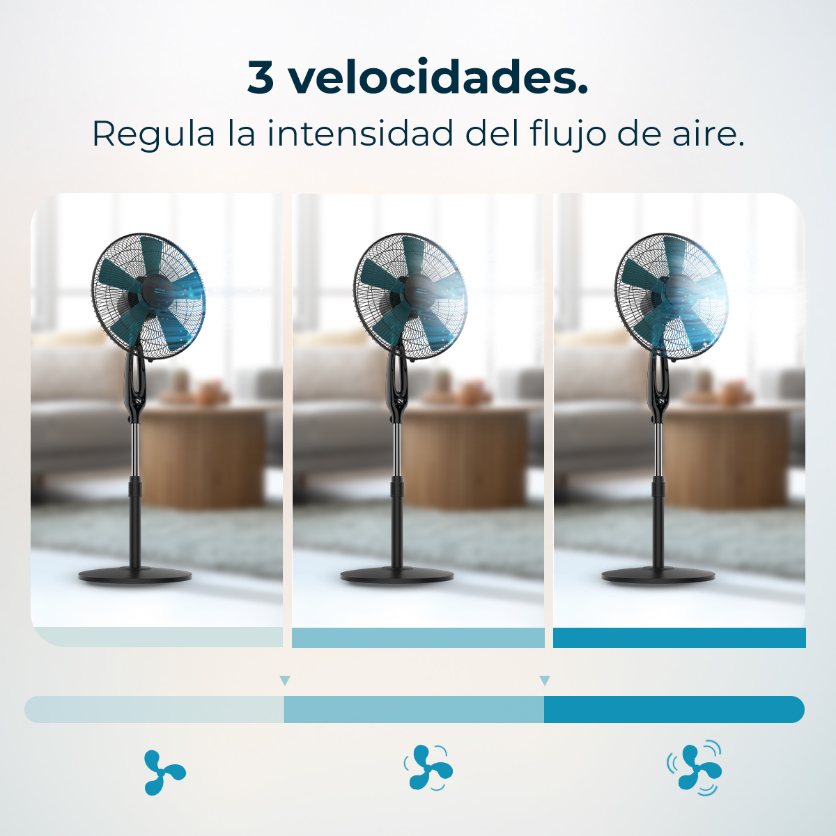 Tres ventiladores de pie uno al lado del otro mostrando diferentes velocidades.