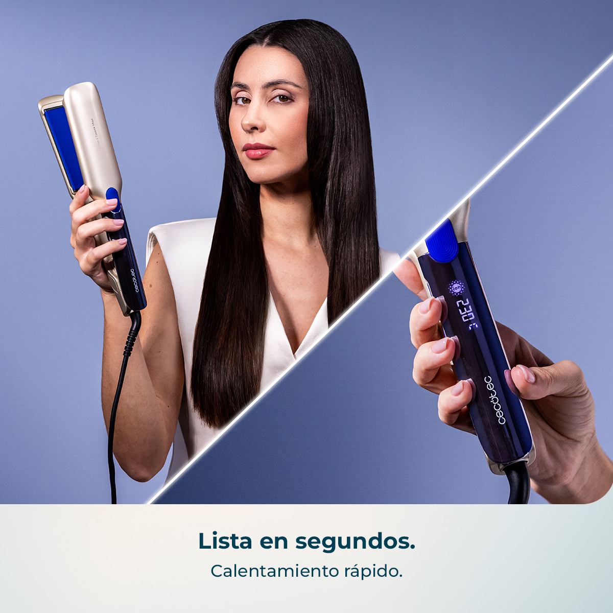 Mujer con pelo largo sujetando una plancha. Pantalla muestra 230°C.