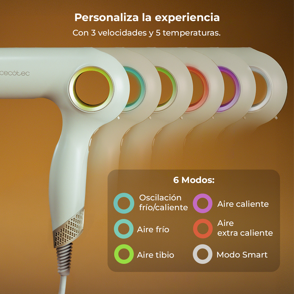 Un secador blanco con anillos de colores y modos mostrados.