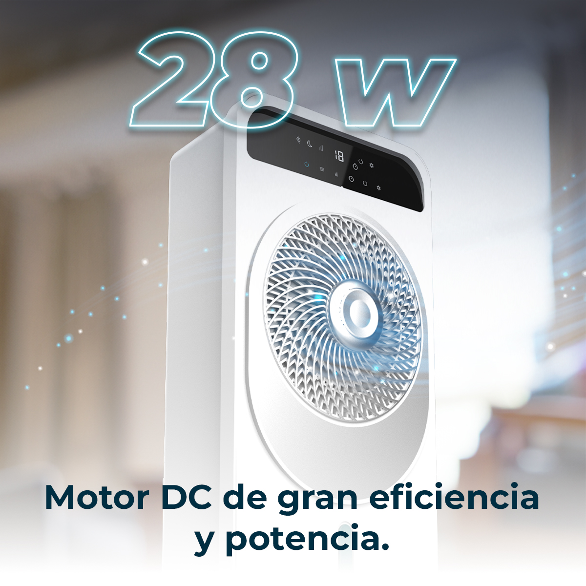 Un ventilador de torre blanco de 28W con motor DC.