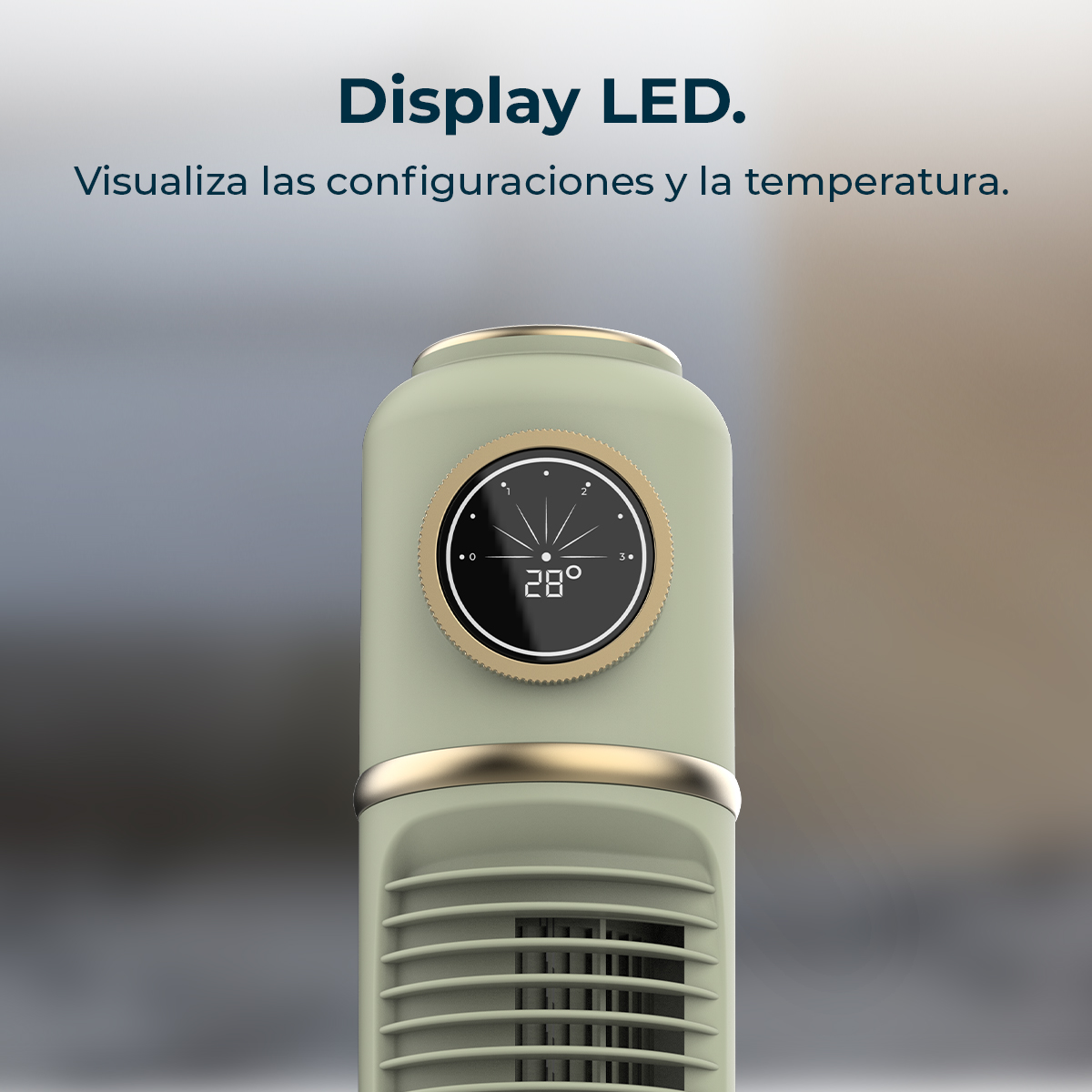 Un dispositivo verde claro con pantalla redonda negra que muestra 28°C.