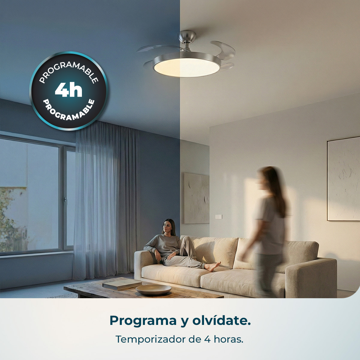 Una lámpara de techo con ventilador ilumina un salón. Una mujer se sienta en un sofá.