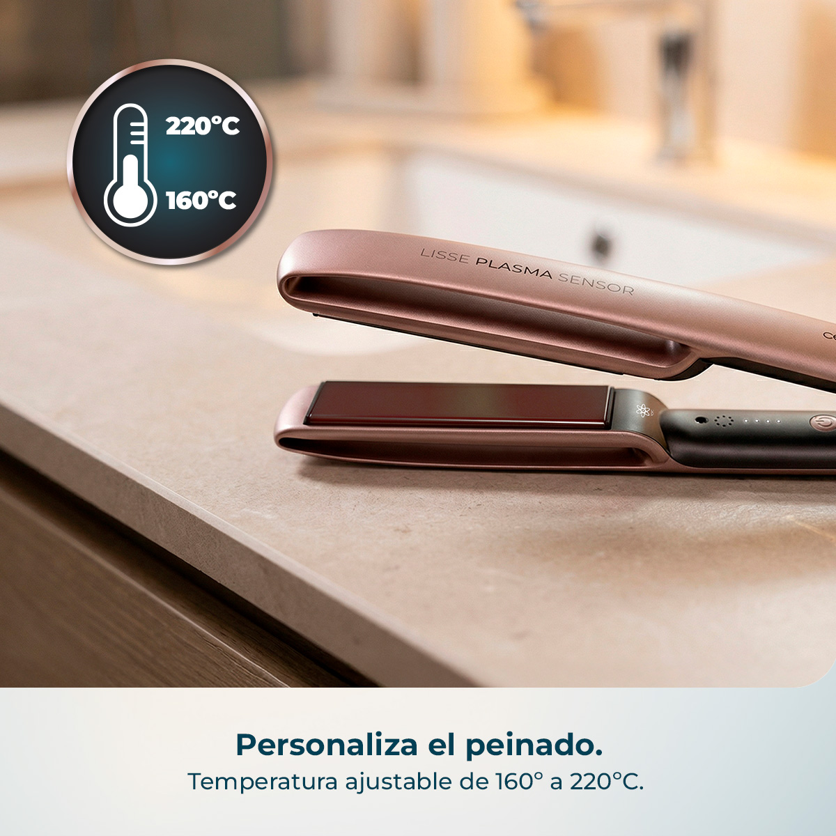 Una plancha de pelo rosa dorado con pantalla de temperatura (160-220°C).