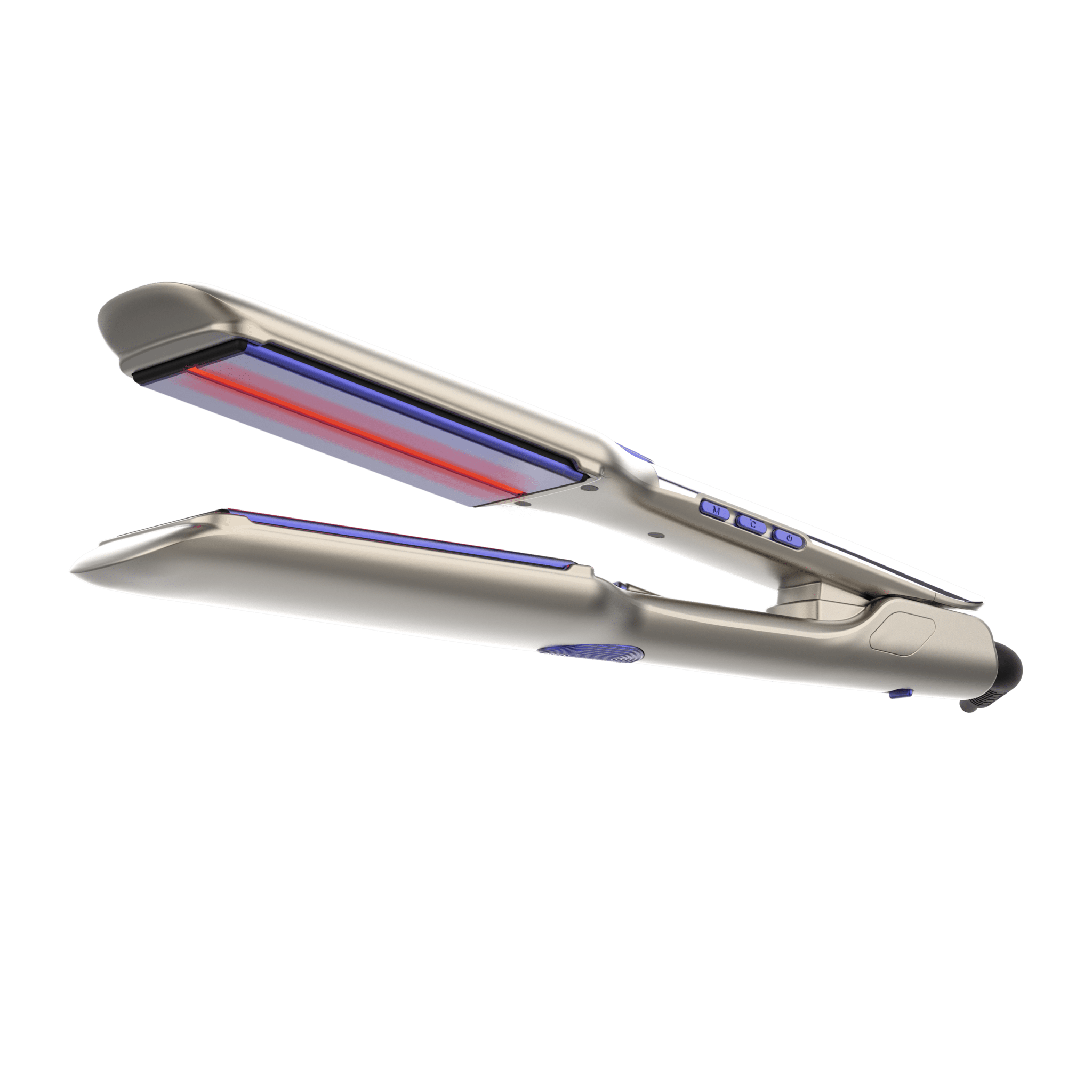 Una plancha abierta y plateada con luces azules y rojas en los elementos calefactores.