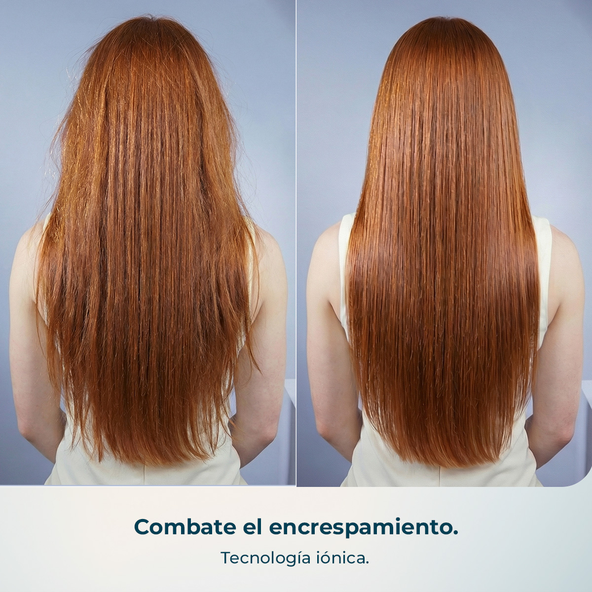 Comparativa antes y después de cabello rojo, de encrespado a liso.