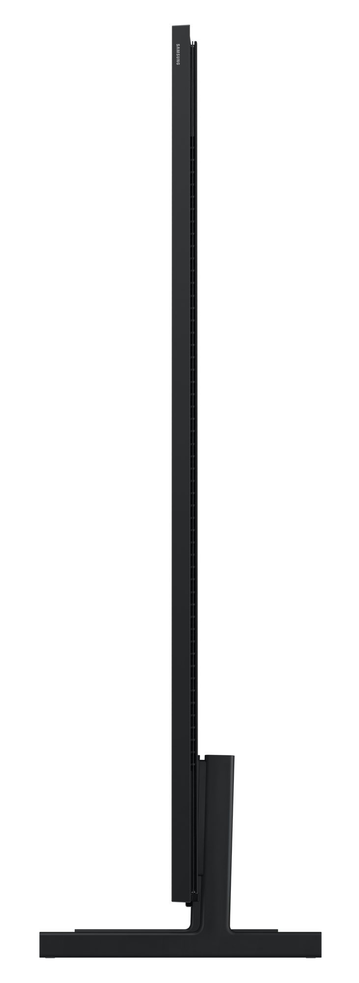 Boczny profil czarnego telewizora Samsung z wąską ramką na podstawie.