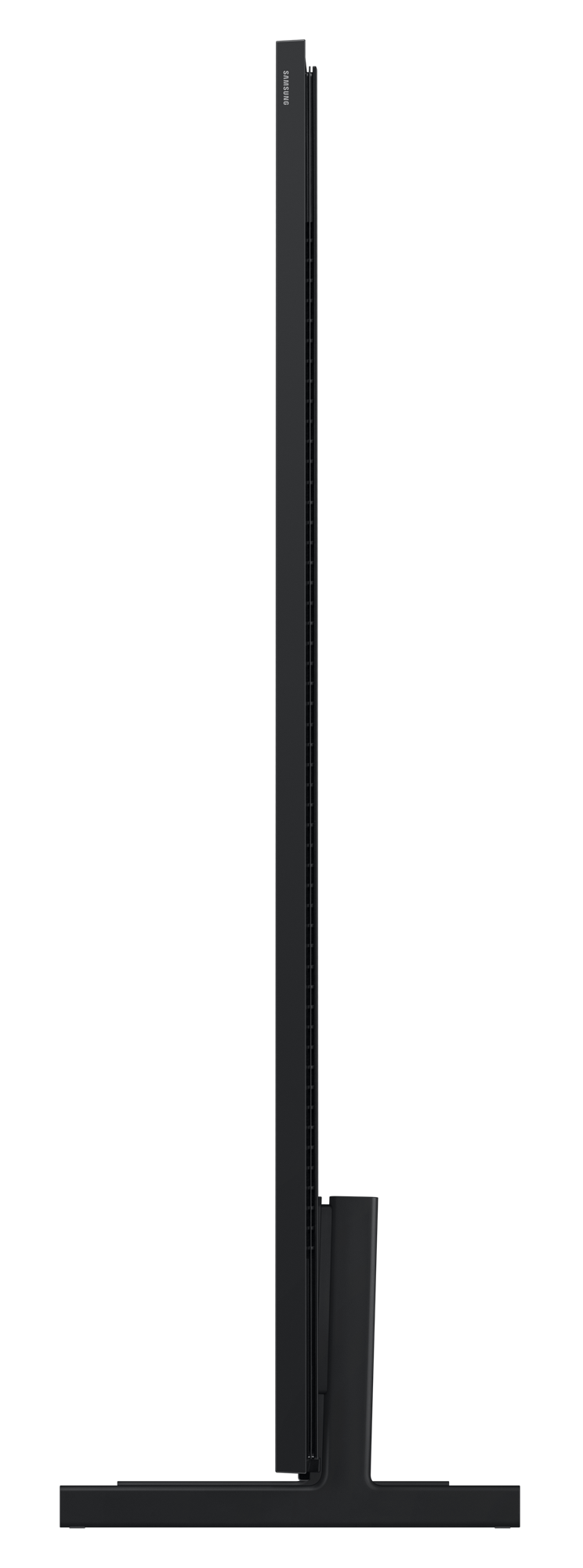 Czarny telewizor Samsung z boku ze stojakiem.