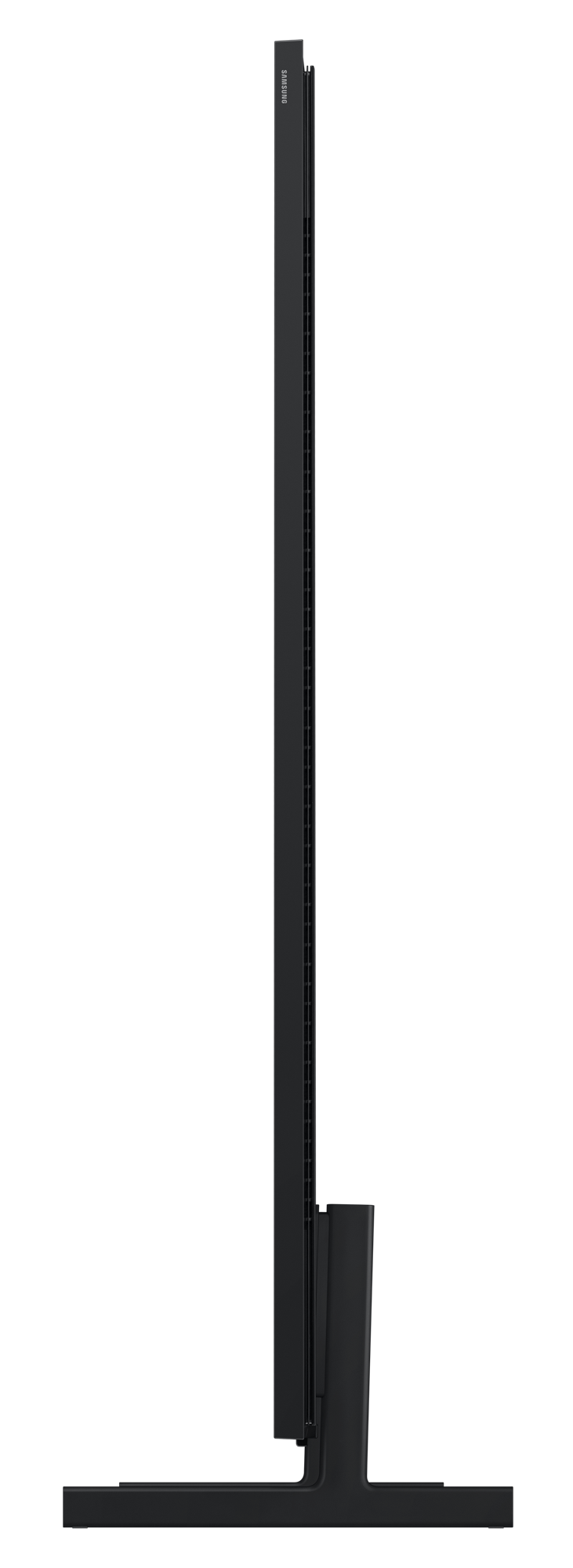 Czarny telewizor Samsung z profilu na czarnym tle.