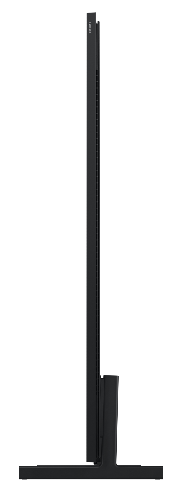 Czarny telewizor z boku ze stojakiem. Logo Samsung u góry.