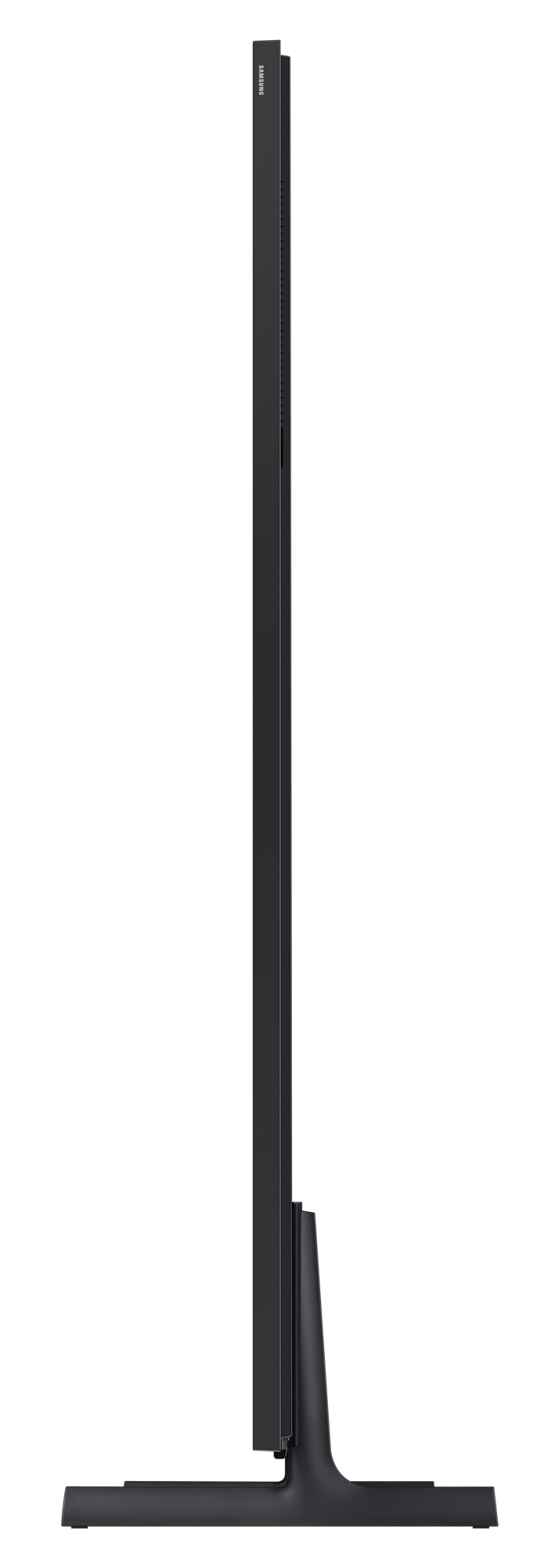 Czarny telewizor Samsung ze stojakiem, widziany z boku.
