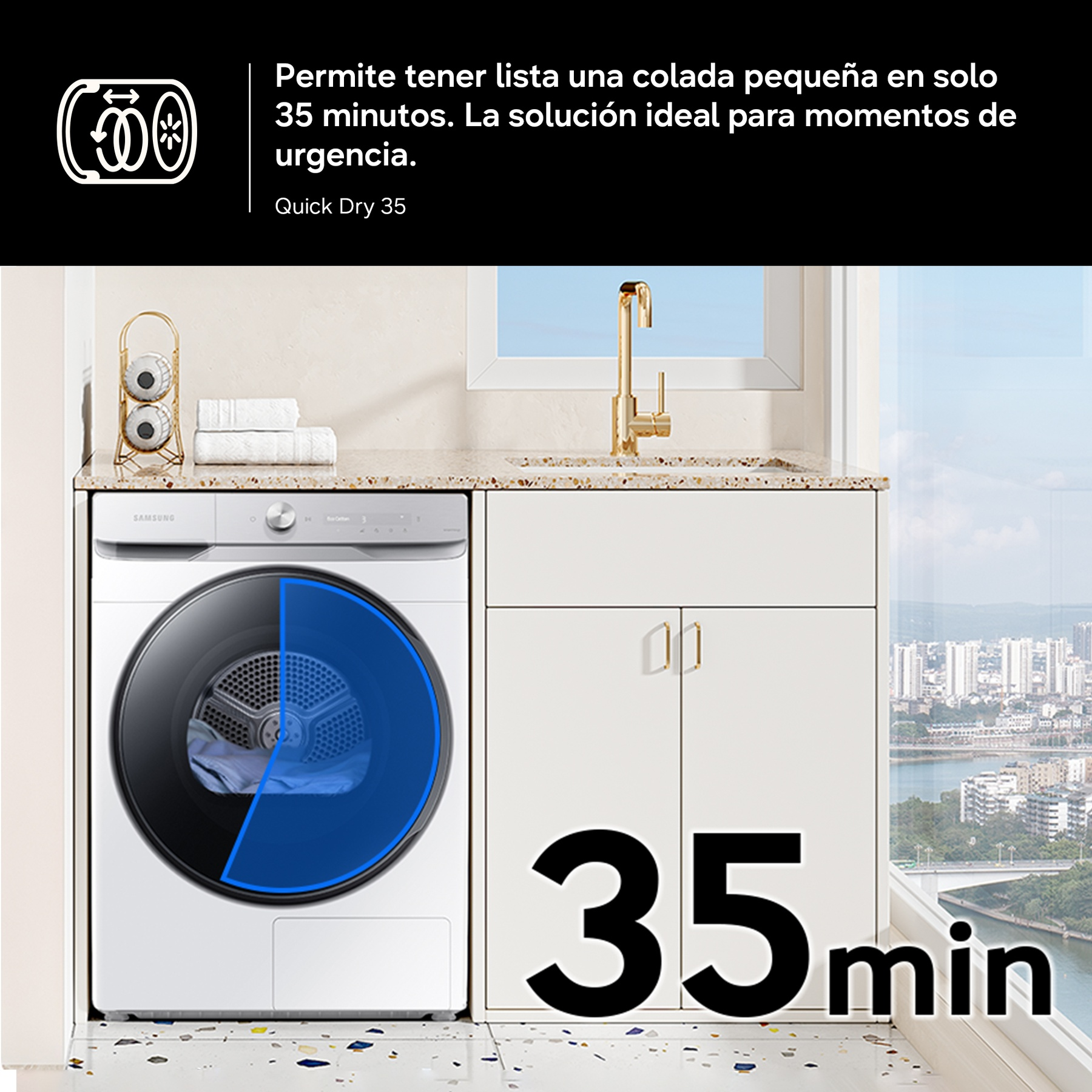 Secadora Samsung blanca seca ropa en 35 minutos.