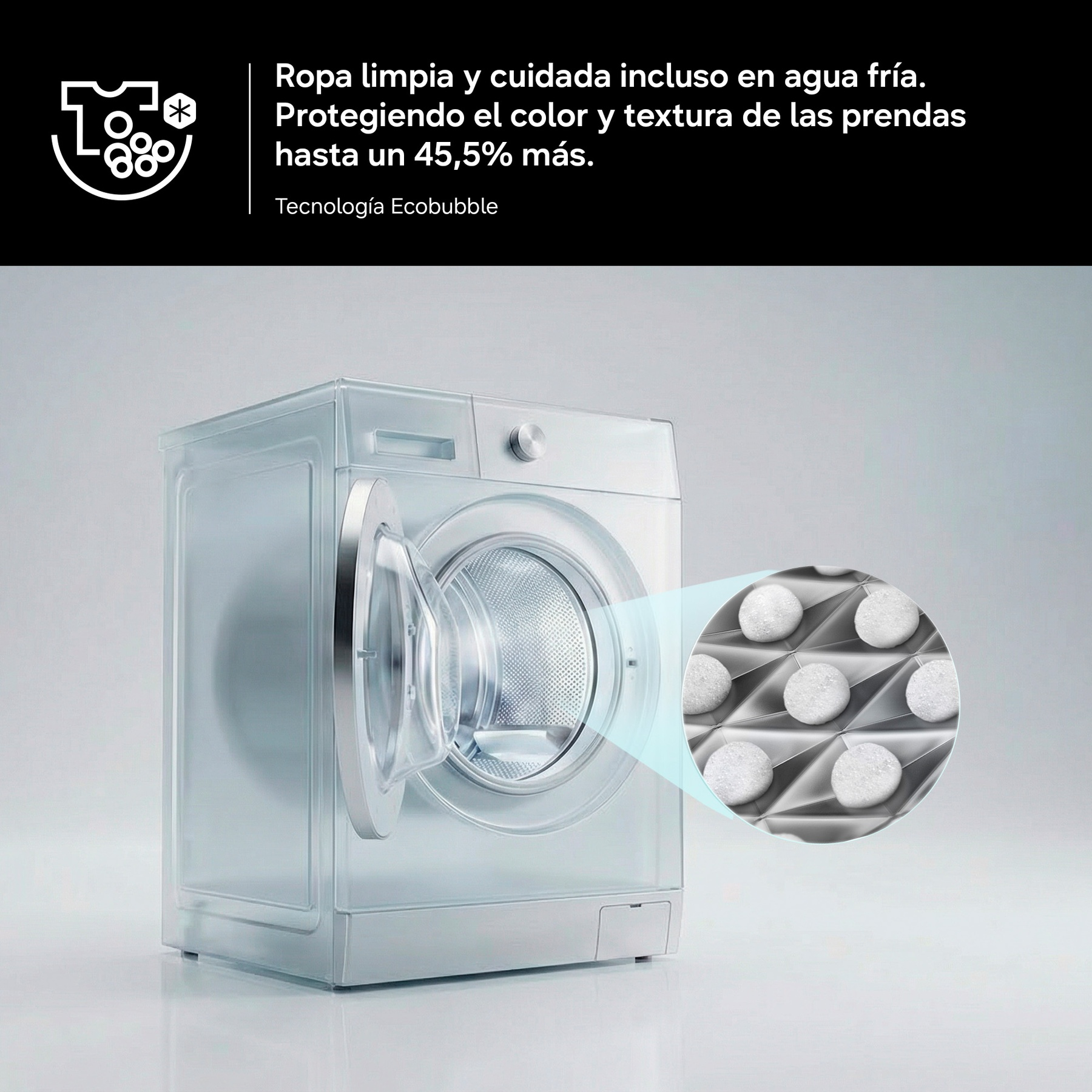 Una lavadora con la puerta abierta y un primer plano de la tecnología Ecobubble.