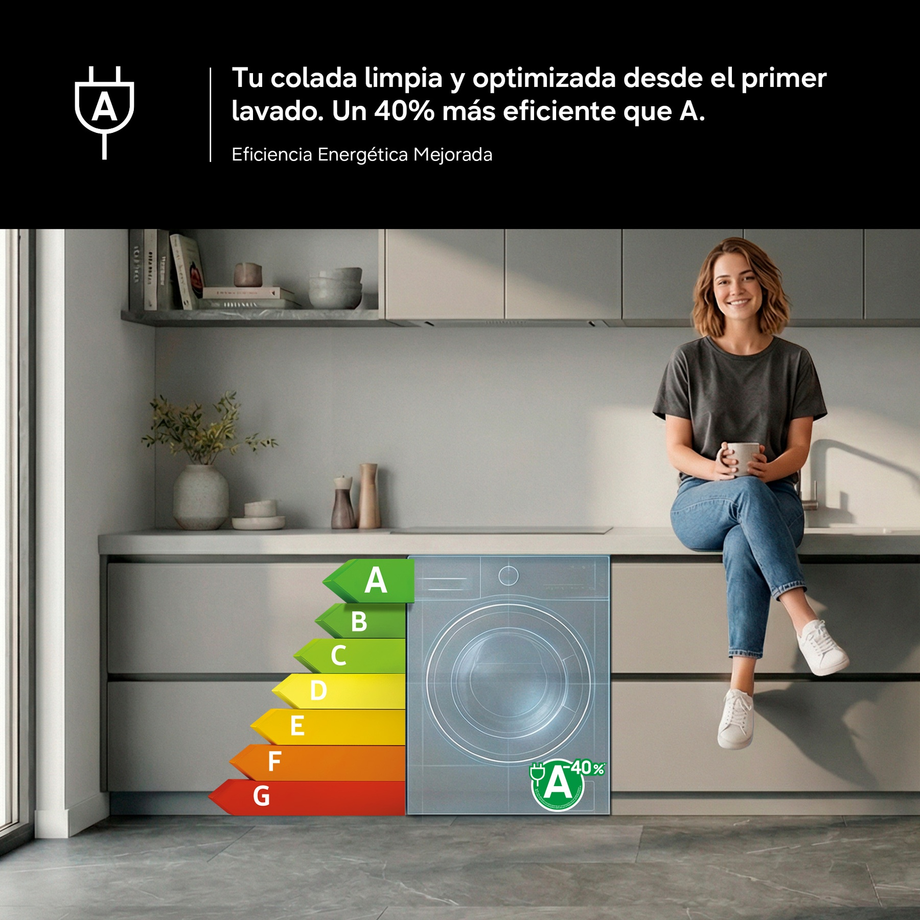 Una mujer sentada en una encimera junto a una lavadora con etiqueta energética.