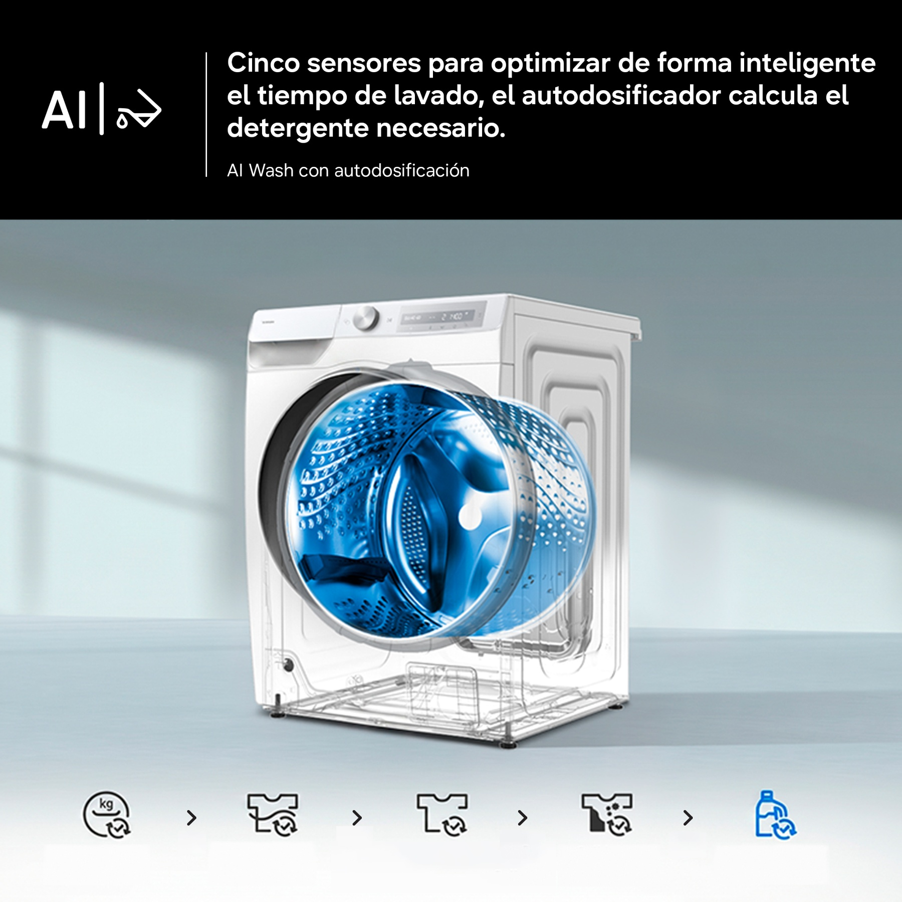 Una lavadora blanca con el tambor abierto y detalles azules.