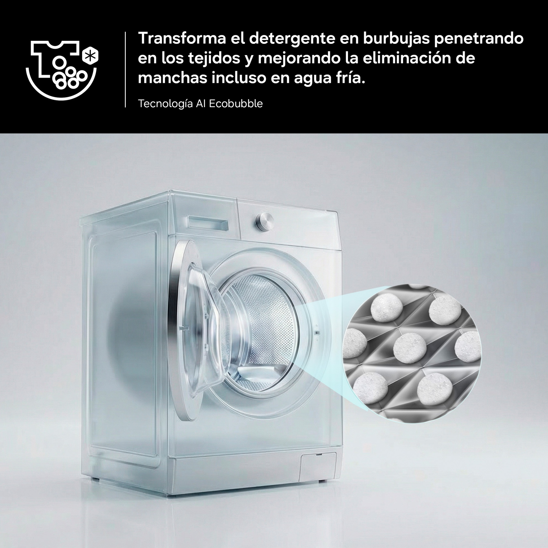 Lavadora con puerta abierta y primer plano de cápsulas tipo burbuja.