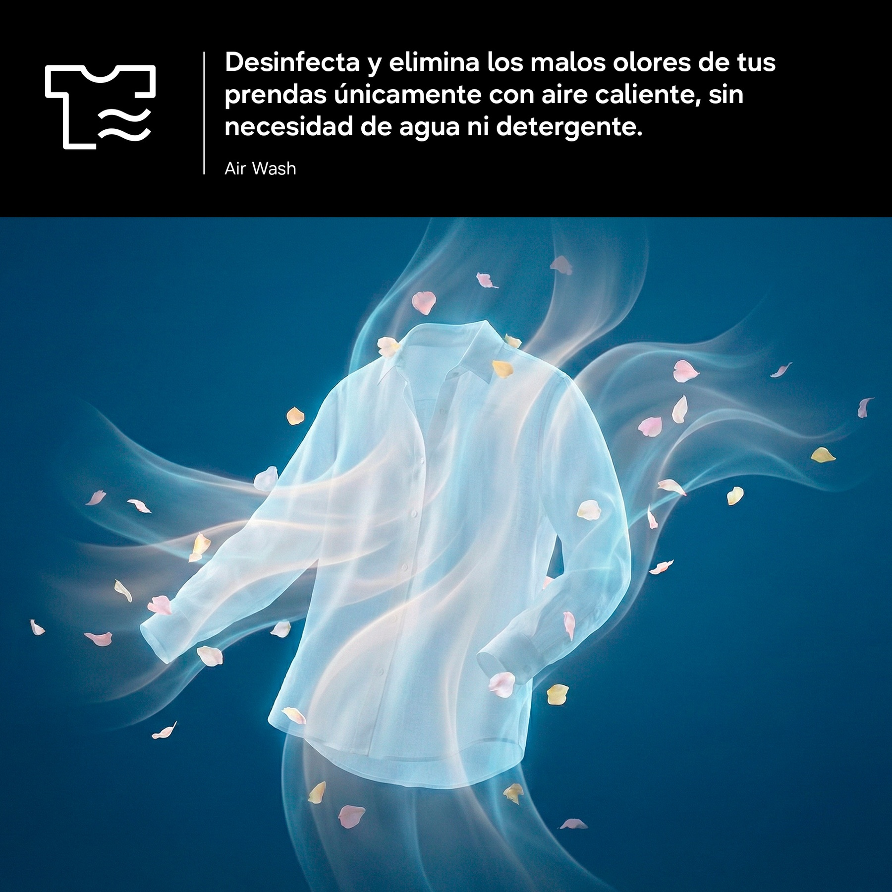 Una camisa azul claro flota en una bruma azul con pétalos.
