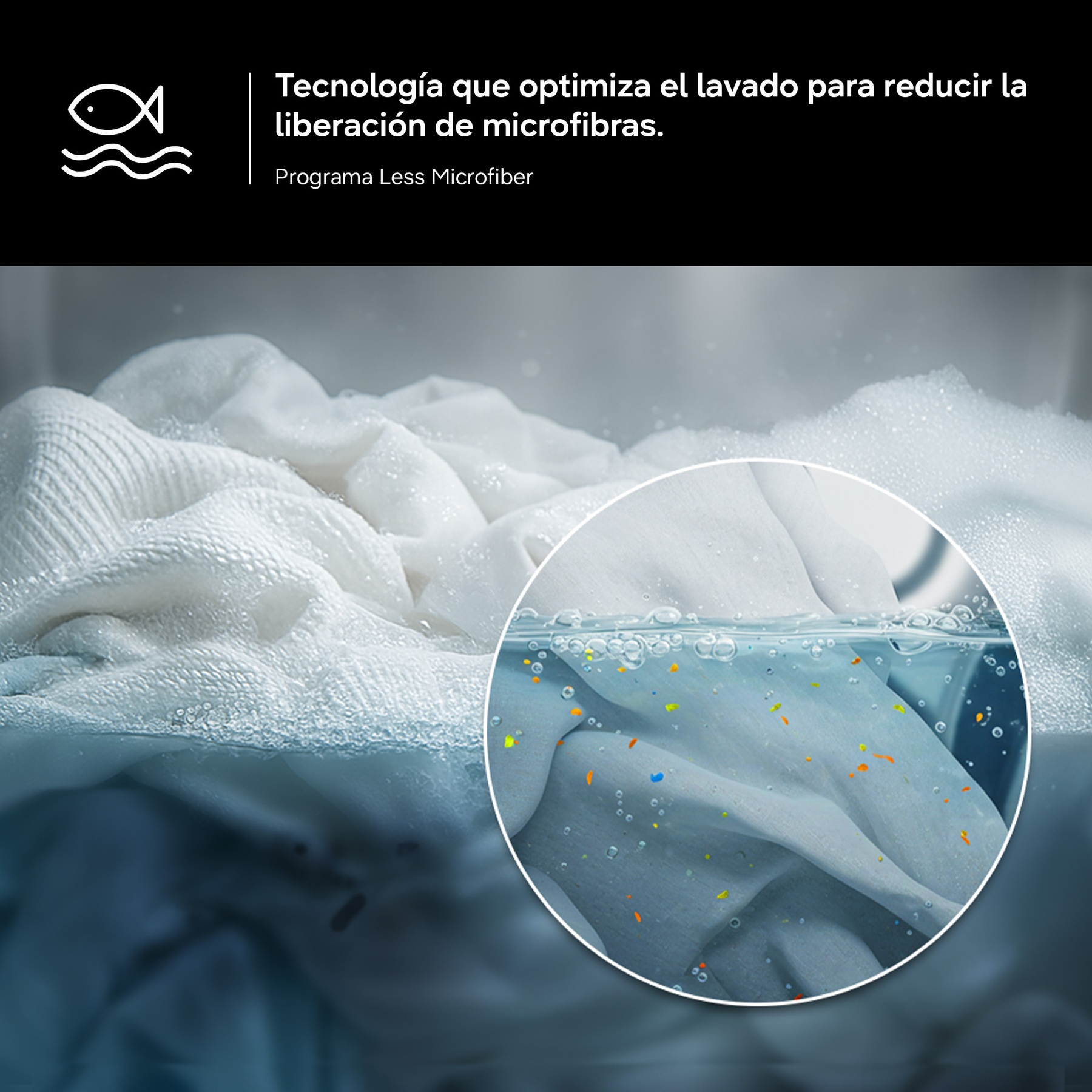 Ropa blanca en ciclo de lavado con espuma. Primer plano de microfibras.