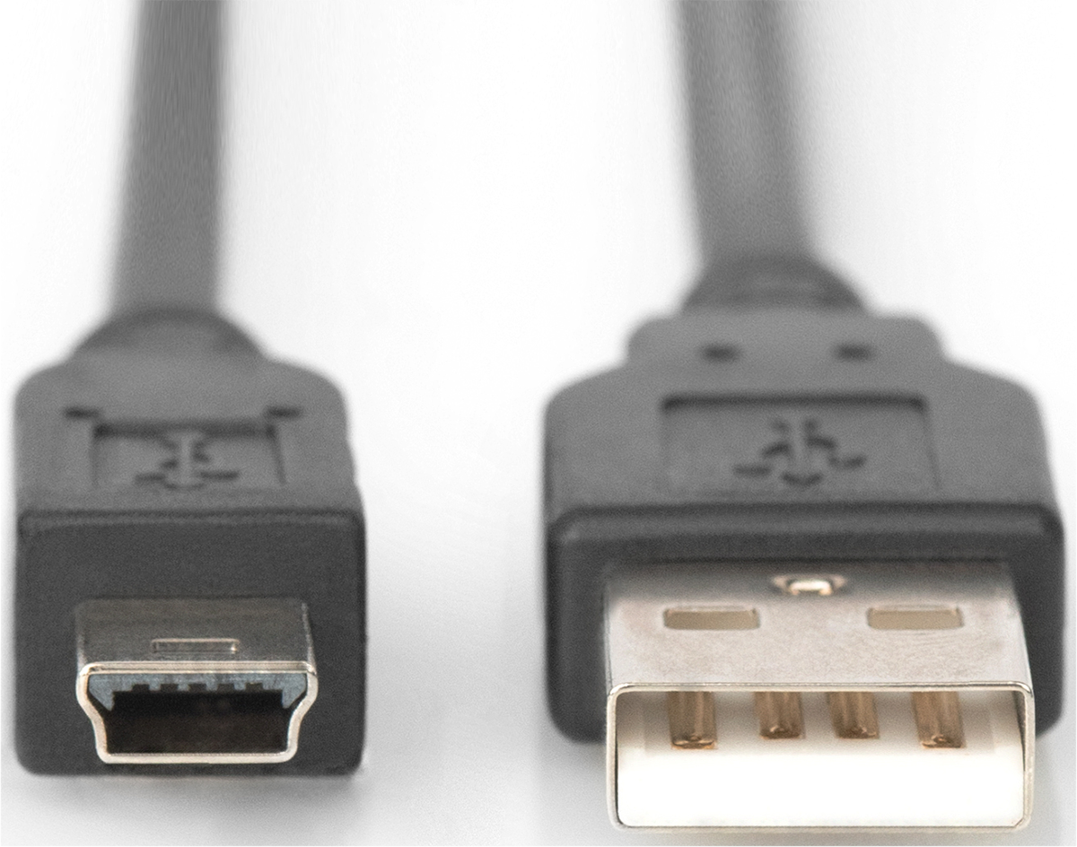 Nahaufnahme eines USB-A- und Mini-USB-Kabelsteckers auf weißem Hintergrund.