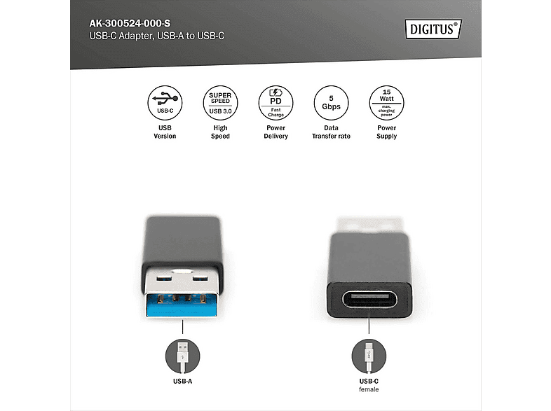 DIGITUS USB A auf USB-C Adapter, 5 Gbit/s, Schwarz; USB-C Adapter----USB-C Adapter — Foto 2 von 5