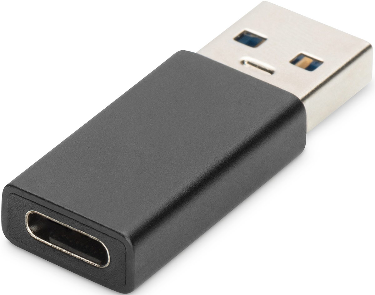 Ein schwarzer USB-C-auf-USB-A-Adapter mit Metallstecker und Buchse.