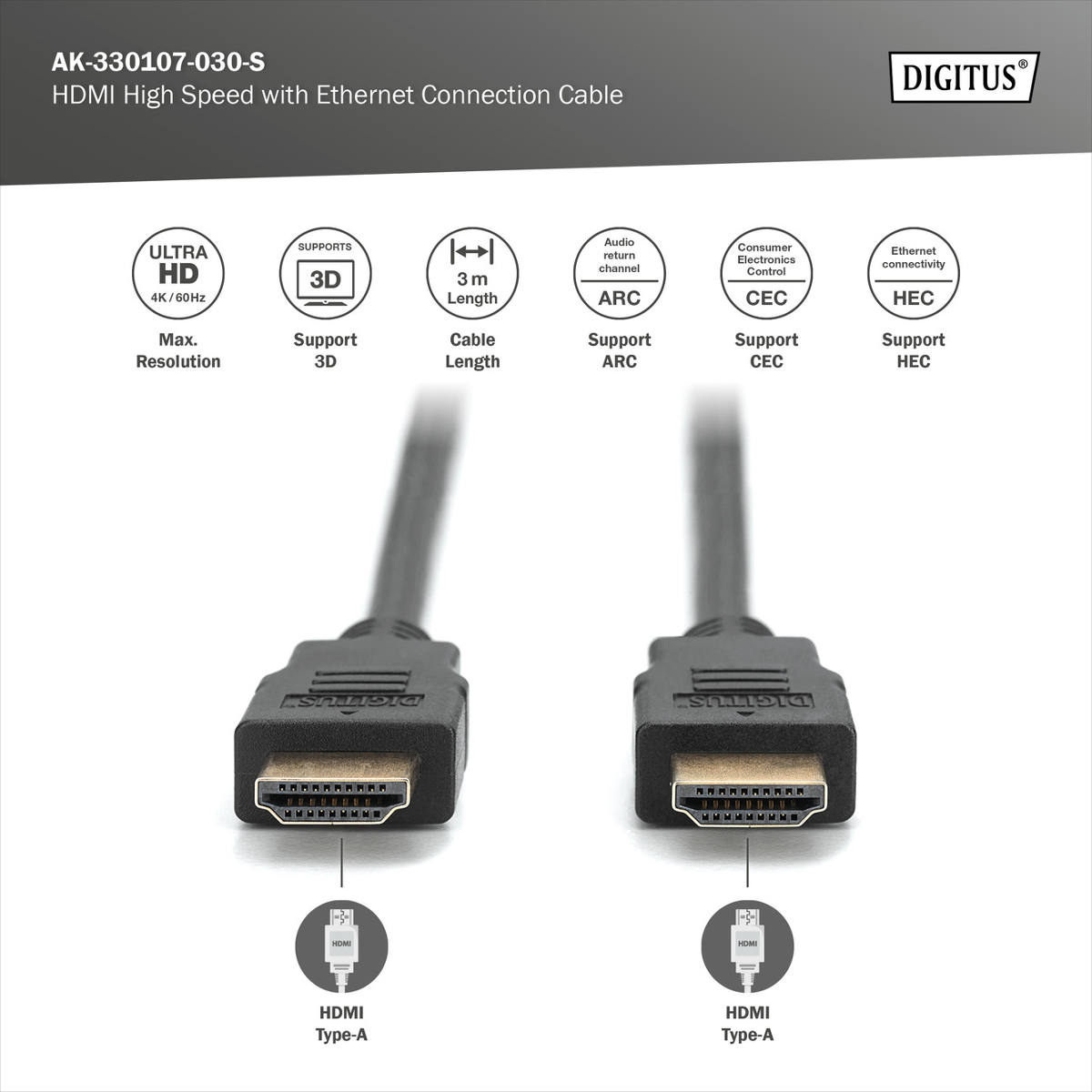 Zwei HDMI-Kabel vom Typ A mit der Aufschrift Digitus, eine 3m Länge.