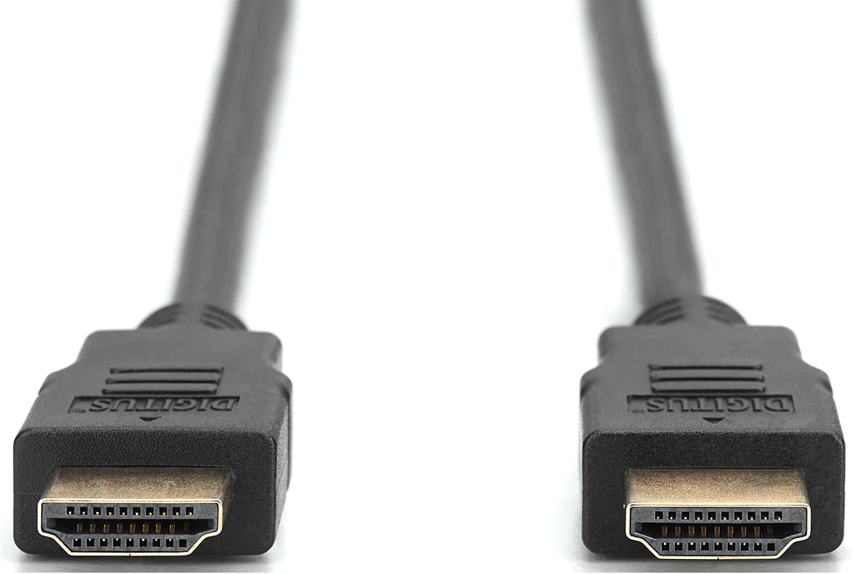 Zwei schwarze HDMI-Kabelstecker mit goldenen Kontakten auf weißem Hintergrund.