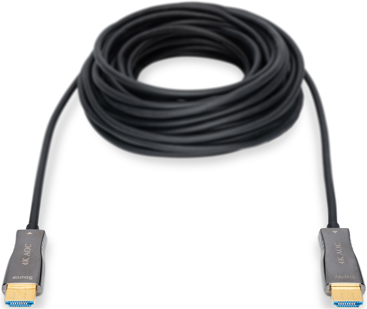 Schwarzes 4K AOC Kabel mit HDMI-Anschlüssen für Quelle und Display.